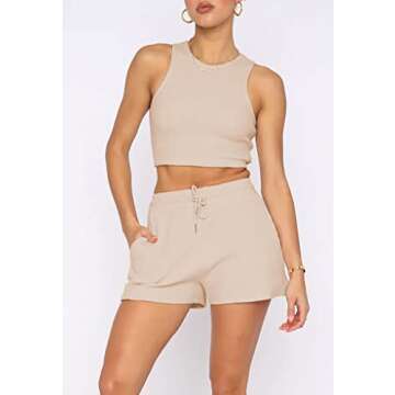 Lingswallow 2 Piece Women Lounge Sets - Sleeveless Crop Top and Shorts Waffle Lounge Set Tracksuits Sweatsuits for Women