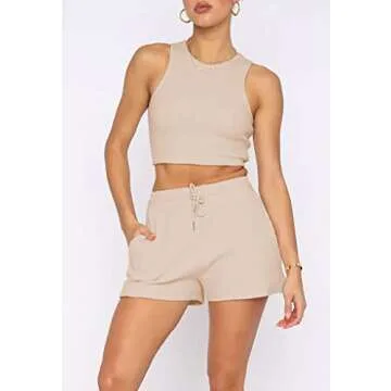 Lingswallow 2 Piece Women Lounge Sets - Sleeveless Crop Top and Shorts Waffle Lounge Set Tracksuits Sweatsuits for Women