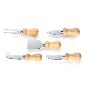 High Carbon Chrome Stainless Steel 5 Piece Cheese Knives Set with Acacia Wood Handles, Complete Serving Set to Cut, Spread and Slice All Types of Cheese Platters by FromagePRO, Gift Box Included