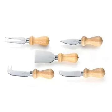 High Carbon Chrome Stainless Steel 5 Piece Cheese Knives Set with Acacia Wood Handles, Complete Serving Set to Cut, Spread and Slice All Types of Cheese Platters by FromagePRO, Gift Box Included