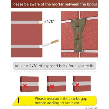 Brick Hook Clips (4 Pack) – Installed Require More Than 1/8” Brick Wall Cement Gap., Fits 2-1/4 to 2-2/5 Inch Bricks Outdoor Brick Hangers Wall Clips for Hanging - Mounting to Brick Without Drilling