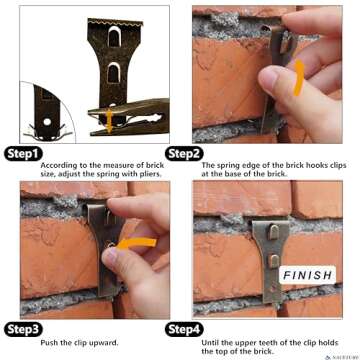 Brick Hook Clips (4 Pack) – Installed Require More Than 1/8” Brick Wall Cement Gap., Fits 2-1/4 to 2-2/5 Inch Bricks Outdoor Brick Hangers Wall Clips for Hanging - Mounting to Brick Without Drilling