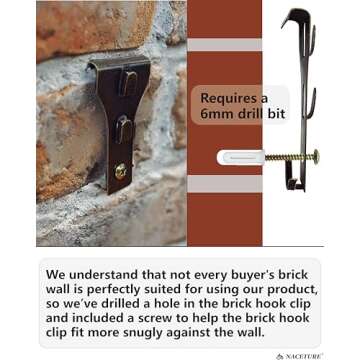 Brick Hook Clips (4 Pack) – Installed Require More Than 1/8” Brick Wall Cement Gap., Fits 2-1/4 to 2-2/5 Inch Bricks Outdoor Brick Hangers Wall Clips for Hanging - Mounting to Brick Without Drilling
