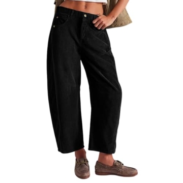 Womens Mid-Rise Corduroy Barrel Pants Elastic Waist Wide Leg Baggy Pants Vintage Trendy Casual Trous...
