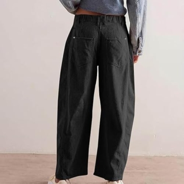Womens Mid-Rise Corduroy Barrel Pants Elastic Waist Wide Leg Baggy Pants Vintage Trendy Casual Trouser (Black,Small,Small)