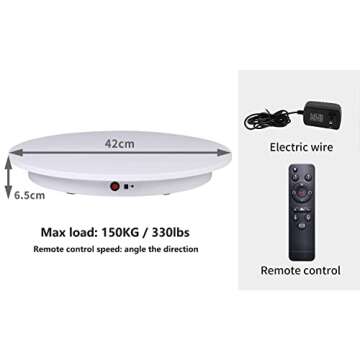 JAYEGT Motorized Rotating Display Stand, 360 Degree Electric Rotating Potography Turntable for Products Display，Live Video Show, Remote Control Angle, Speed (White / 16.5inch /330Lbs Load/Wired)