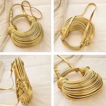 FGJKKK Hand-Woven Bread Women's Purse and Handbag Top Handle Satchel Shoulder Crossbody Creative Noodles Underarm Bag Clutch (gold)