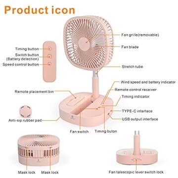 Portable Pedestal Fan - Foldaway Standing Fan Foldable Desk Fan, Use 7200Mah Rechargeable Battery, Remote Control Telescopic 4 Speed Quiet Timer Fan for Home Kitchen Outdoor Camping (Pink)