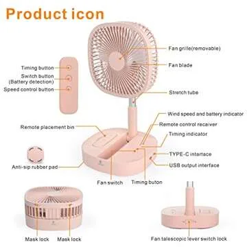 Portable Pedestal Fan - Foldaway Standing Fan Foldable Desk Fan, Use 7200Mah Rechargeable Battery, Remote Control Telescopic 4 Speed Quiet Timer Fan for Home Kitchen Outdoor Camping (Pink)