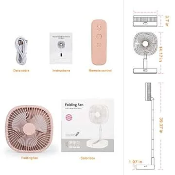 Portable Pedestal Fan - Foldaway Standing Fan Foldable Desk Fan, Use 7200Mah Rechargeable Battery, Remote Control Telescopic 4 Speed Quiet Timer Fan for Home Kitchen Outdoor Camping (Pink)