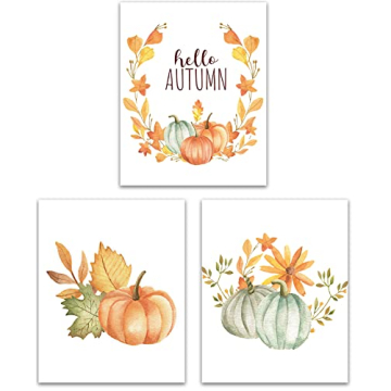 Gubrandin Autumn Decor Fall Decor Wall Art Watercolor Pumpkin Prints Floral Paintings Thanksgiving F...