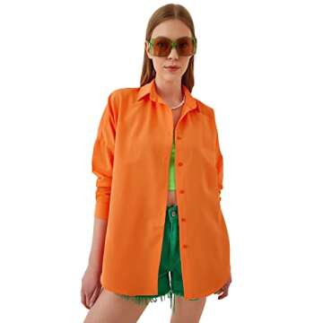 BIG DART Oversized Button Down Shirts for Women, Dressy Casual Long Sleeve Blouses Summer Tops Tunics (US, Alpha, Medium, Regular, Regular, Orange)