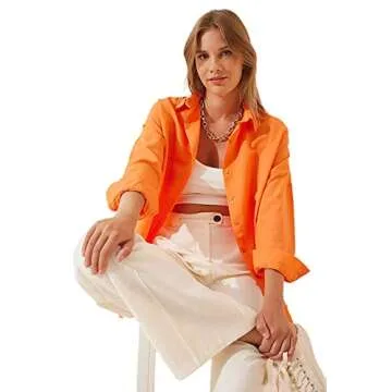 BIG DART Oversized Button Down Shirts for Women, Dressy Casual Long Sleeve Blouses Summer Tops Tunics (US, Alpha, Medium, Regular, Regular, Orange)