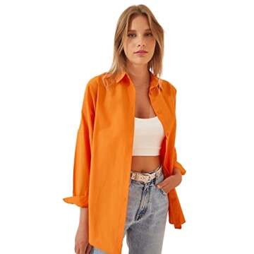 BIG DART Oversized Button Down Shirts for Women, Dressy Casual Long Sleeve Blouses Summer Tops Tunics (US, Alpha, Medium, Regular, Regular, Orange)