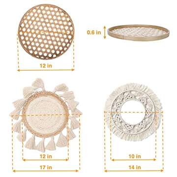 Boho Wall Decor Set with Woven Macrame Round Tapestry and Bamboo Tray, Woven Hanging Wall Decor Art, for Living Rooms, Bedrooms, Hallway or Garden etc, Handmade Boho Decor 3 Set