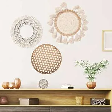 Boho Wall Decor Set with Woven Macrame Round Tapestry and Bamboo Tray, Woven Hanging Wall Decor Art, for Living Rooms, Bedrooms, Hallway or Garden etc, Handmade Boho Decor 3 Set