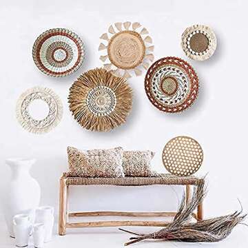 Boho Wall Decor Set with Woven Macrame Round Tapestry and Bamboo Tray, Woven Hanging Wall Decor Art, for Living Rooms, Bedrooms, Hallway or Garden etc, Handmade Boho Decor 3 Set