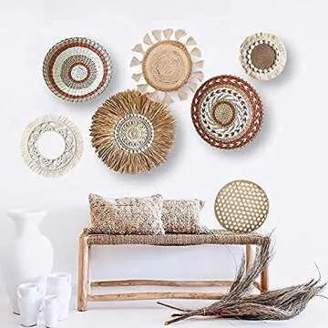 Boho Wall Decor Set with Woven Macrame Round Tapestry and Bamboo Tray, Woven Hanging Wall Decor Art, for Living Rooms, Bedrooms, Hallway or Garden etc, Handmade Boho Decor 3 Set