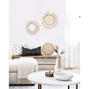 Boho Wall Decor Set with Woven Macrame Round Tapestry and Bamboo Tray, Woven Hanging Wall Decor Art, for Living Rooms, Bedrooms, Hallway or Garden etc, Handmade Boho Decor 3 Set