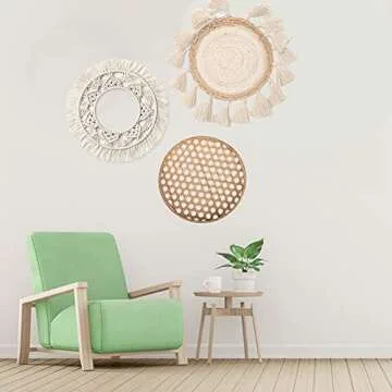 Boho Wall Decor Set with Woven Macrame Round Tapestry and Bamboo Tray, Woven Hanging Wall Decor Art, for Living Rooms, Bedrooms, Hallway or Garden etc, Handmade Boho Decor 3 Set