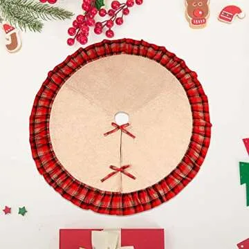 OurWarm 48" Burlap Tree Skirt - Red Black Plaid Design