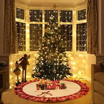 OurWarm 48" Burlap Tree Skirt - Red Black Plaid Design