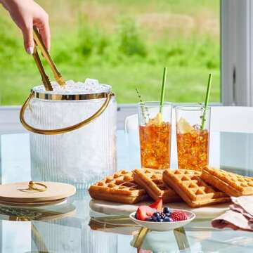 Glass Ice Bucket with Airtight Lid, Ice Tong Scooper and Handle - 3L Ribbed Beverage Tub Cocktail Ho...