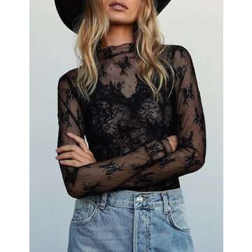 Wyeysyt Women's Mesh Tops Sexy Long Sleeve Mock Neck Sheer Blouse Lace Floral See Through Layering Top(Black-S)