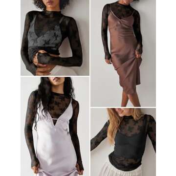 Wyeysyt Women's Mesh Tops Sexy Long Sleeve Mock Neck Sheer Blouse Lace Floral See Through Layering Top(Black-S)