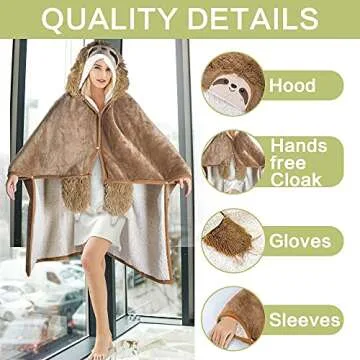 Sloth Wearable Hooded Blanket for Adults - Super Soft Warm Cozy Plush Flannel Fleece & Sherpa Hoodie Throw Cloak Wrap - Sloth Gifts for Women Adults and Kids