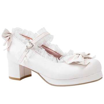 LUXMAX Women Kawaii Mid Block Heel Mary Jane Rockabilly Pumps with Bow Platform Chunky Heel Cute Swe...
