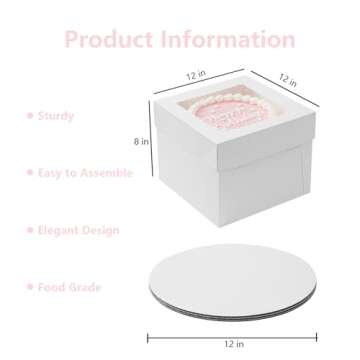 Vorfre 3 Pack Cake Boxes, 12x12x8 Inch Tall Cake Box with Window, White Square Cake Boxes with Cake ...