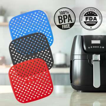 Reusable Air Fryer Liners 3 Pack for 5QT or Bigger - 8.5" Square Silicone Airfryer Liner - Easy Clean Air Fryer Accessories As Seen on the Today Show-Dishwasher Safe Non Stick Parchment Paper Replacer