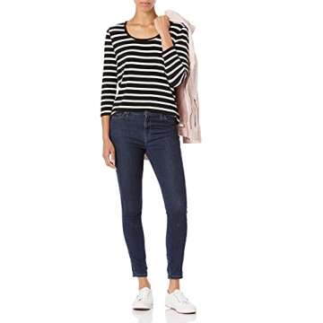 Amazon Essentials Women's 3/4 Sleeve Scoopneck Tunic, Black, French Stripe, Medium