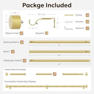 Zeerobee Curtain Rods for Windows 32 to 144, 1 Inch Heavy Duty Drapery Rods with Adjustable Length, Outdoor Modern Curtain Pole with Simple End Caps, 32"-144", Gold