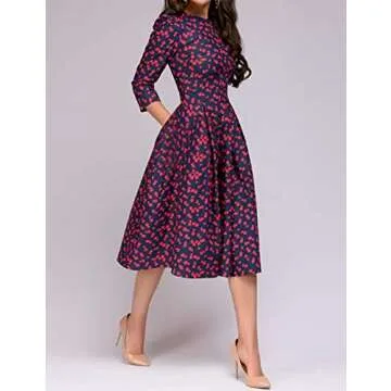 Simple Flavor Women's Floral Vintage Dress Elegant Midi Evening Dress 3/4 Sleeves (Red, M)