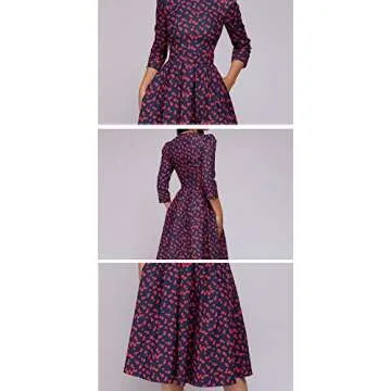 Simple Flavor Women's Floral Vintage Dress Elegant Midi Evening Dress 3/4 Sleeves (Red, M)