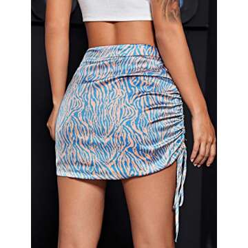 Milumia Women Zebra Print Drawstring Ruched Side Mini Skirt Bodycon Satin Skirt Blue and White Small