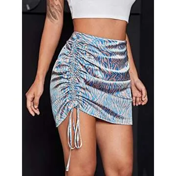 Milumia Women Zebra Print Drawstring Ruched Side Mini Skirt Bodycon Satin Skirt Blue and White Small