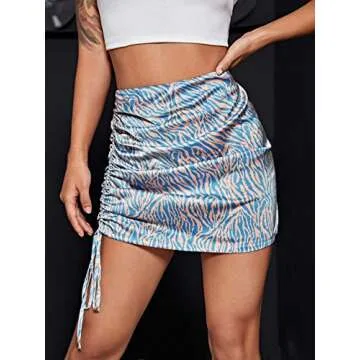 Milumia Women Zebra Print Drawstring Ruched Side Mini Skirt Bodycon Satin Skirt Blue and White Small