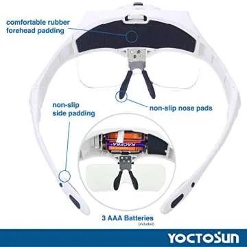 YOCTOSUN Magnifying Glasses with Light, LED Head Magnifier with 5 Lenses, Headband, Storage Case, Hands Free Lighted Head Magnifying Visor for Close Work Hobby Crafts