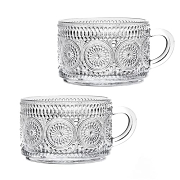 Amzcku Vintage Coffee Tea Cups, Glass Mugs 14 Oz Set of 2 Embossed Glassware with Handle, for Cappuc...