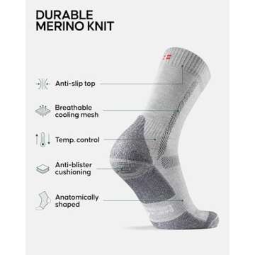 DANISH ENDURANCE Hiking Socks, Winter Socks, Merino Wool Socks, Anti Blister, Cushioned, Crew Socks ...