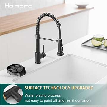 Hoimpro Matte Black Spring Kitchen Faucet with Pull Down Sprayer, Rv Black Kitchen Sink Faucet with Pull Out Sprayer,3 Function Single Handle Laundry Faucet with Cover Plate,Brass(Single or 3 Hole)