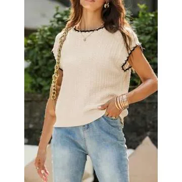 EVALESS Womens Cap Sleeve Sweater Vest Summer Crewneck Short Sleeve Pullover Sweaters Cute Dressy Tops for Women 2025 Trendy Lightweight Casaul Cotton Knit Tops Spring Fashion Outfits Beige Medium