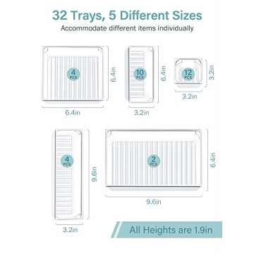 Kootek 32 Pcs Drawer Organizer Set, 5-Size Bathroom Vanity Trays Makeup Desk Dividers Versatile Storage Bins Clear Plastic Container for Dresser, Bedroom, Kitchen, Office