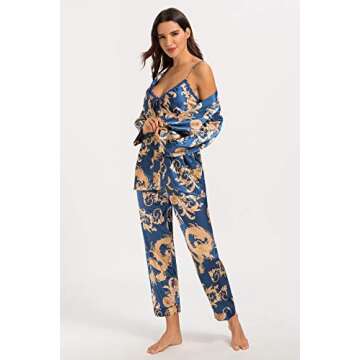Escalier Women's Silk Satin Pajamas Set: 3 Pcs Floral Silky Sleepwear with Robe & Pants