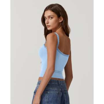 QINSEN Sexy Lace Camisole Tops for Women Slim Fitted Spaghetti Strap Y2k Cami Tank Light Blue M