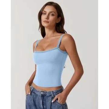 QINSEN Sexy Lace Camisole Tops for Women Slim Fitted Spaghetti Strap Y2k Cami Tank Light Blue M