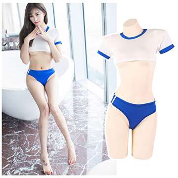 YOMORIO Japanese Schoolgirl Sport Uniform Lolita Anime Cosplay Swimsuit Perspective Lingerie (Blue)
